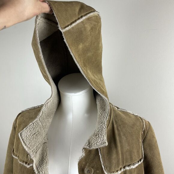 Vtg Gap Y2K Tan Suede Leather Patchwork Coat Womens Sz M Sherpa Lined Hooded - Picture 3 of 9